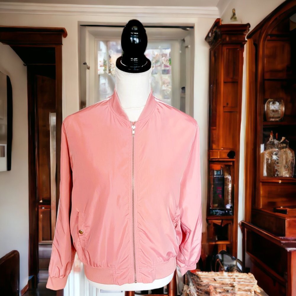 Dice Bomber Type Pink and White Long Sleeve‎ Casual Silky Jacket in Size Medium